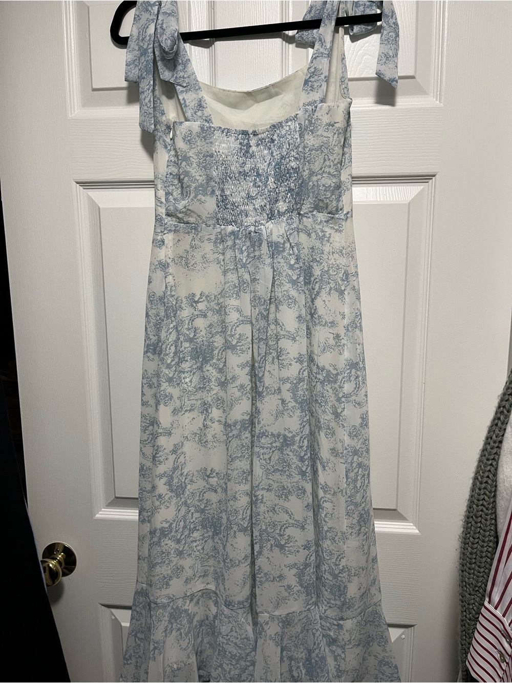 Lulu's Summer Invite White and Blue Toile Tie-Strap Tiered Midi Dress - Picture 6 of 7